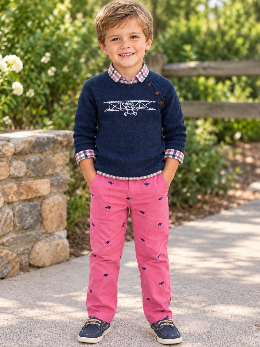 Janie and Jack 4 Biplane Airplane Knit Sweater Matching Set with Coral Pants